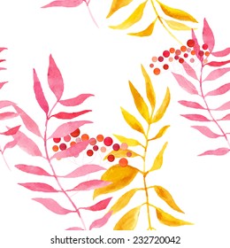 Watercolor seamless pattern with branches rowan berry. Winter background.