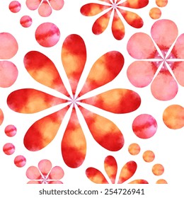 Watercolor seamless pattern of bright summer flowers. Vector illustration.  Endless floral texture on white background. May be used for design fabric, wrapping paper, covers, backgrounds.