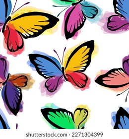 Watercolor seamless pattern with butterflies on white background. Hand painted background. Vector illustration.