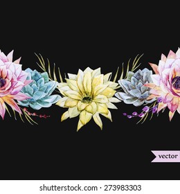 watercolor seamless pattern with cactus and flowers on a dark background