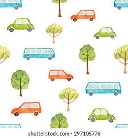 Watercolor seamless pattern, car, bus and trees . Vector illustration.