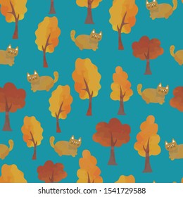  Watercolor seamless pattern of cats and trees