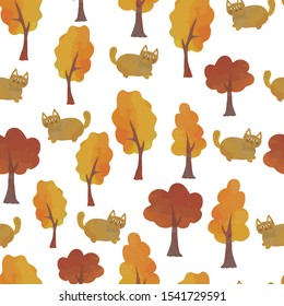  Watercolor seamless pattern of cats and trees