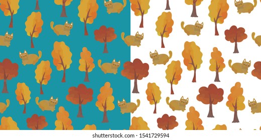  Watercolor seamless pattern of cats and trees