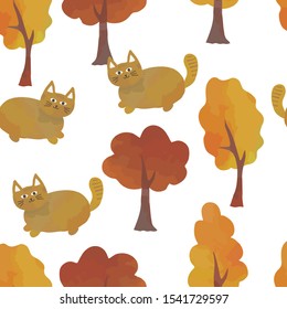  Watercolor seamless pattern of cats and trees