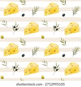 Aquarell nahtloses Muster mit Käse, Olivenzweigen, Oliven. Natürlicher mediterraner Lebensmittelhintergrund 