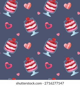 Patrón de acuarela sin fisuras con postre de cereza en tarro de vidrio y corazones. Fondo del día de San Valentín. 