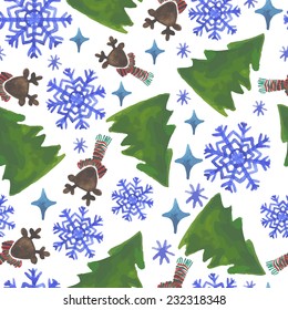 watercolor seamless pattern with christmas tree and deer and snowflakes