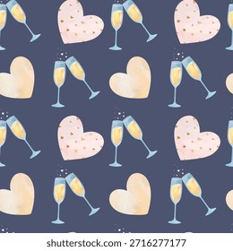 Patrón transparente de acuarela con gafas y corazones que tintinean. Fondo del día de San Valentín. Patrones de amor