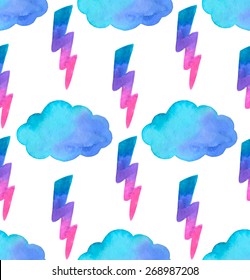 Watercolor seamless pattern of clouds and lightning