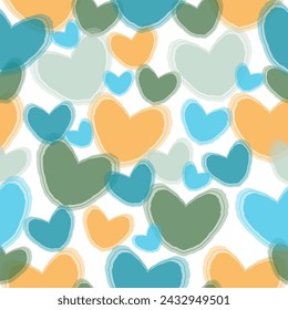 Watercolor seamless pattern, clover leaves, bright rainbow, heart in the colors of the Irish flag on a white background. Multicolored watercolor hearts seamless backgroung. 