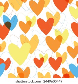 Watercolor seamless pattern, clover leaves, bright rainbow, heart in the colors of the Irish flag on a white background. Pink, Black, Yellow, Gray and Blue Hearts Isolated On a White Layout. 