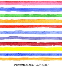 Watercolor seamless pattern with color stripes. Repeat straight stripes texture background, vector. 
