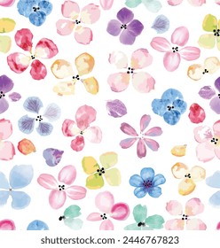 Watercolor seamless pattern with colorful abstract simple flowers. Cute festive floral print for design and fabric also gift paper.