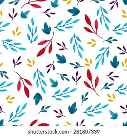 Watercolor seamless pattern with colorful branches and leafs. Background for cards, wrapping paper or textile