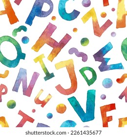 Watercolor seamless pattern with colorful rainbow letters. Abstract seamless alphabet pattern for boys and girls. Vector kids illustration.