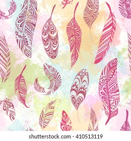 Watercolor Seamless pattern with colorful Rustic Ethnic decorative feathers. Hand drawn vintage vector design set. Ink sketch illustration. Vintage Tribal and Decorative zentangle feathers.