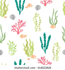 Watercolor seamless pattern with corals, seaweeds, shells and stones. Underwater algae. Vector watercolor marine background. 