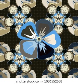 Watercolor seamless pattern with cosmos flowers. Trendy print in gray, beige and blue colors. Exquisite pattern with cosmos flowers in vintage style. Beautiful pattern for decoration and design.