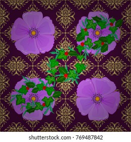 Watercolor seamless pattern with cosmos flowers. Exquisite pattern with cosmos flowers in vintage style. Beautiful pattern for decoration and design. Trendy print in neutral, purple and violet colors.