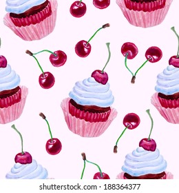 Watercolor seamless pattern with cupcakes and cherries. Hand drawn design. Vector illustration.