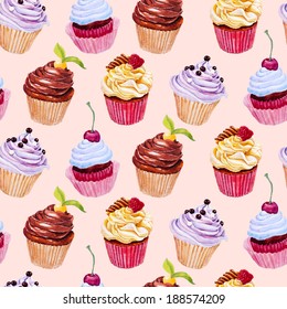 Watercolor seamless pattern with cupcakes. Hand drawn design. Vector illustration.