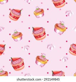 Watercolor seamless pattern with cupcakes. Hand drawn design. Vector illustration.