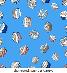 Watercolor seamless pattern with cupcakes. Vector. Bright birthday pattern on blue, white and beige. Wrapping paper.
