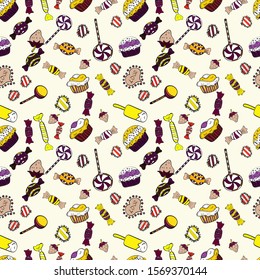 Watercolor seamless pattern with cupcakes. Vector. Wrapping paper. Bright birthday pattern on white, yellow and neutral.