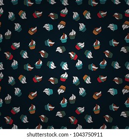 Watercolor seamless pattern with cupcakes. Wrapping paper. Vector. Bright birthday pattern on blue, white and black.