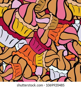 Watercolor seamless pattern with cupcakes. Wrapping paper. Vector. Bright birthday pattern on orange, black, neutral, pink and beige.
