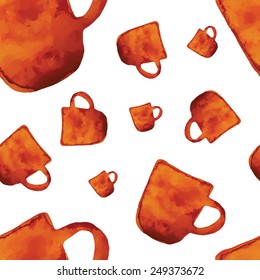 Watercolor seamless pattern. Cups of coffee. Vector illustration