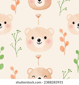 Watercolor seamless pattern with cute bears for children textile, apparel, nursery decoration, gift wrap paper, background. vector illustration