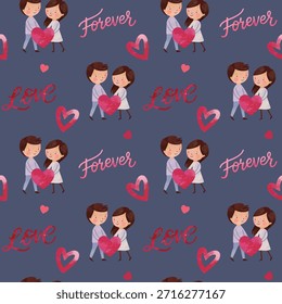 Watercolor seamless pattern with cute couple. Hearts and text love forever. Valentine's Day background.