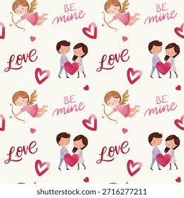Watercolor seamless pattern with cute couple and angel. Hearts, love text. Valentine's Day background.