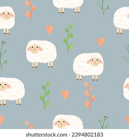 Watercolor seamless pattern with cute lamb, leaf and heart for your fabric, children textile, apparel, nursery decoration, gift wrap paper, baby's shirt. Vector illustration