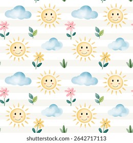 Watercolor seamless pattern with cute summer elements in kids style. Summertime nature, sun, clouds, flowers