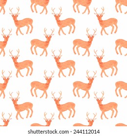 Watercolor seamless pattern with deers on the white background, aquarelle. Vector illustration. Hand-drawn decorative element useful for invitations, scrapbooking, design. Native american stylization