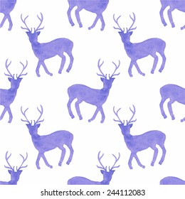 Watercolor seamless pattern with deers on the white background, aquarelle. Vector illustration. Hand-drawn decorative element useful for invitations, scrapbooking, design. Native american stylization