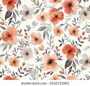 Watercolor seamless pattern of delicate flowers and vibrant green leaves on white background. Vibrant vector pattern of stunning watercolor flowers and colorful leaves on a white background