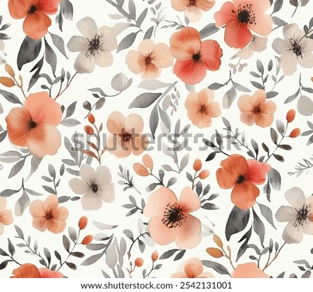 Watercolor seamless pattern of delicate flowers and vibrant green leaves on white background. Vibrant vector pattern of stunning watercolor flowers and colorful leaves on a white background