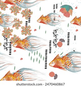 Diseño de patrón sin costuras de acuarela. 
Animales coloridos, peces, estilo de flores en el fondo. Fondo asiático, diseño abstracto del fondo del modelo del estilo japonés oriental con el pez koi decoran.