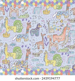 Watercolor seamless pattern design. Hand drawn flowers, dino, animals and jungle on blue background. Cute for kids room decor and textile design. 