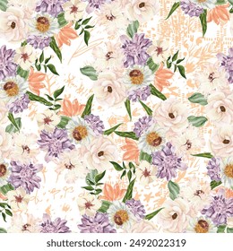 Watercolor seamless pattern design. Hand drawn flowers on white background. Cute for kids room decor and textile design.
