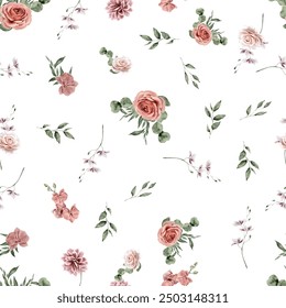 Watercolor seamless pattern design. Hand drawn flowers on white background. Cute for kids room decor and textile design.
