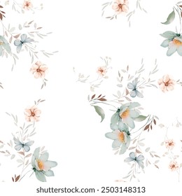 Watercolor seamless pattern design. Hand drawn flowers on white background. Cute for kids room decor and textile design.
