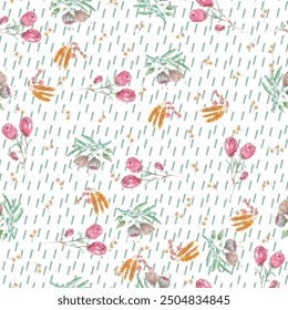 Watercolor seamless pattern design. Hand drawn flowers on white background. Cute for kids room decor and textile design.
