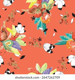 Design de padrão sem costura aquarela. Flores desenhadas à mão sobre fundo branco. Bonito para crianças decoração quarto e design têxtil. 