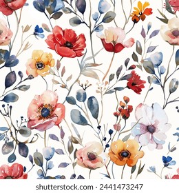 Watercolor seamless pattern with different wild flowers. Cute background for fabric, textile,  wallpaper. Meadow with flowers. nursery wallpaper