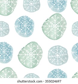 Watercolor seamless  pattern with dots and snowflakes. Abstract christmas background. Vector illustration. Aquarelle circles in pastel colors.